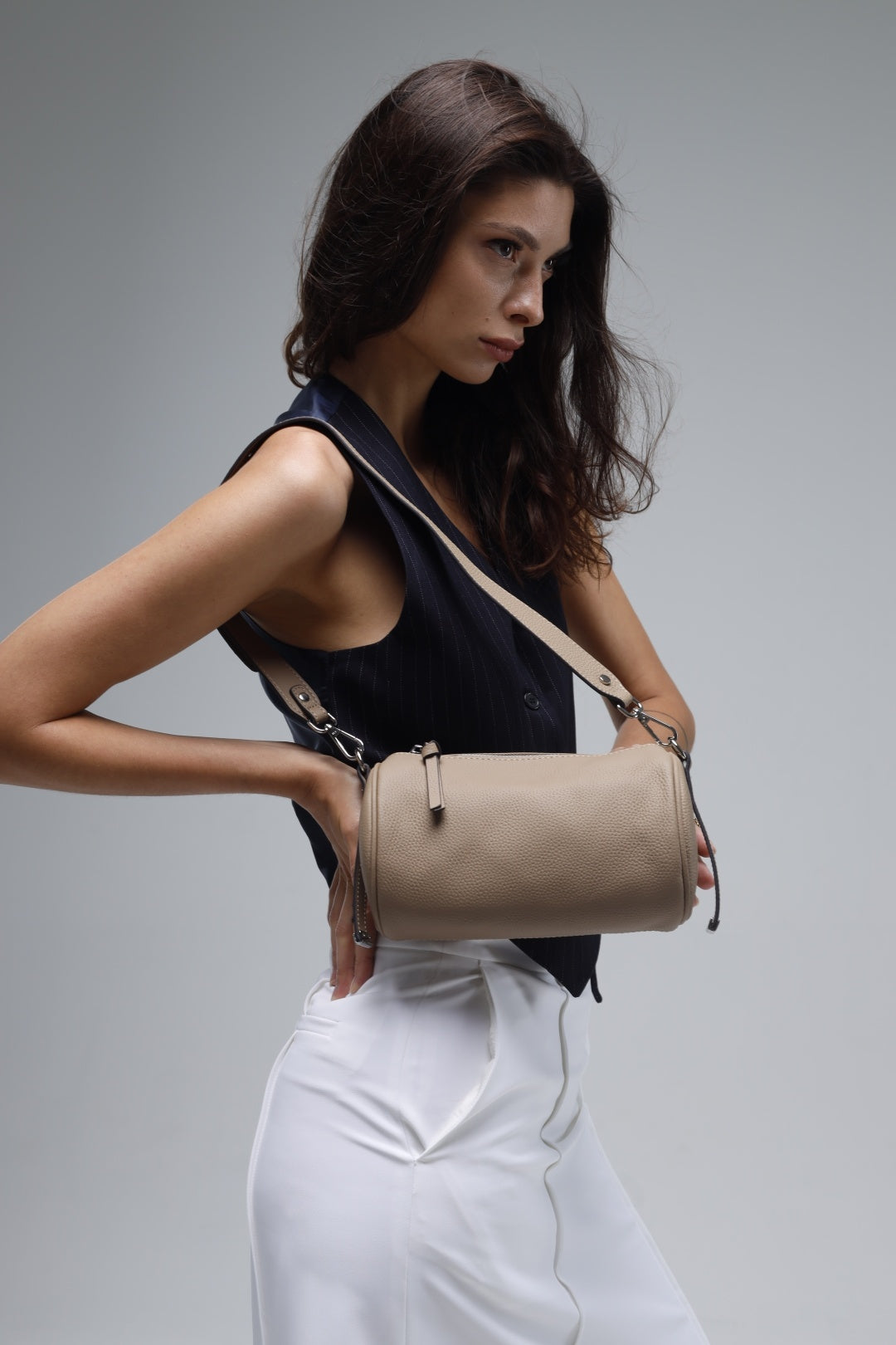 Barrel bag made of genuine leather